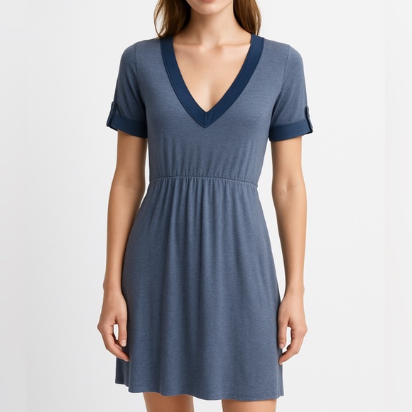 eShakti Blue and Gray V-Neck Midi Dress- Size 2 - Picture 1 of 5